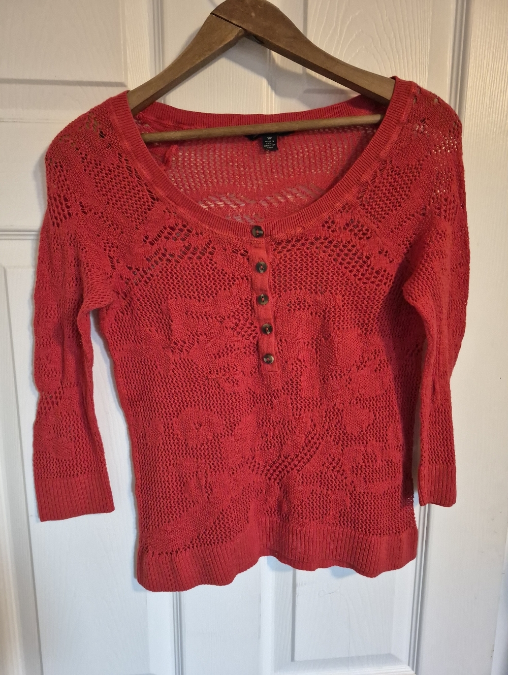 American Eagle Crochet Knit Button-Front Sweater - Rust Orange